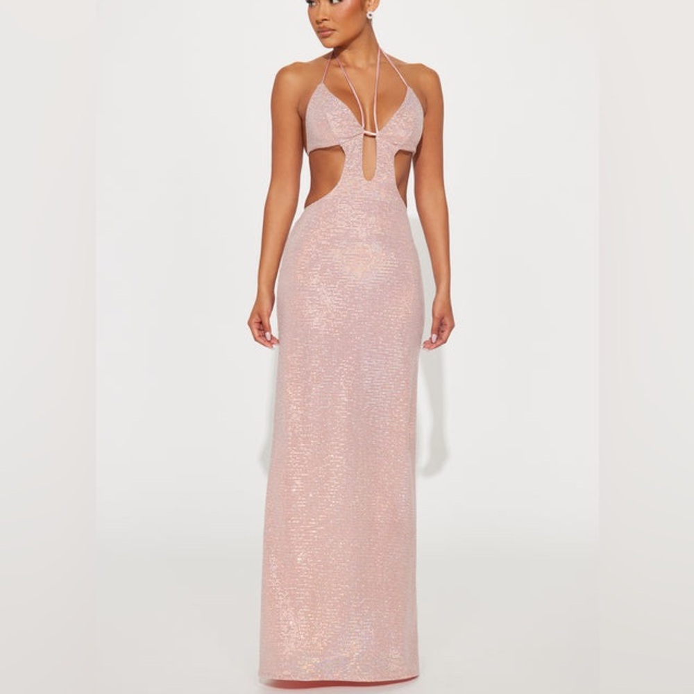 Fashion Nova Shimmering Pink Backless Dress